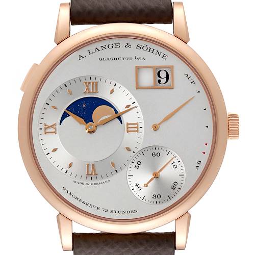 The image shows a frontal view of the A. Lange & Sohne Lange 1 139.032 Men's Rose Gold Silver Dial watch, displaying its dial, subdials, date, and moon phase.