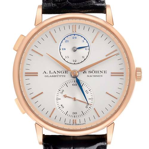 The image shows the A. Lange & Sohne Saxonia 386.032 Men's Rose Gold Silver Dial watch from a front angle, highlighting its dial, hands, markers, and subdials.