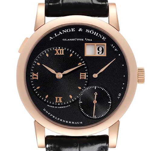 The A. Lange & Sohne Lange 1 101.031 Men's Rose Gold Black Dial watch is shown from a front angle, highlighting its dial, date display, and crown.