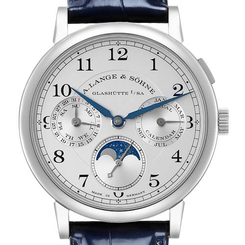 The A. Lange & Sohne 1815 238.026/LSLS2383AP Men's White Gold Silver Dial watch is shown from the front, displaying time, date, day, moonphase, and month indicators.