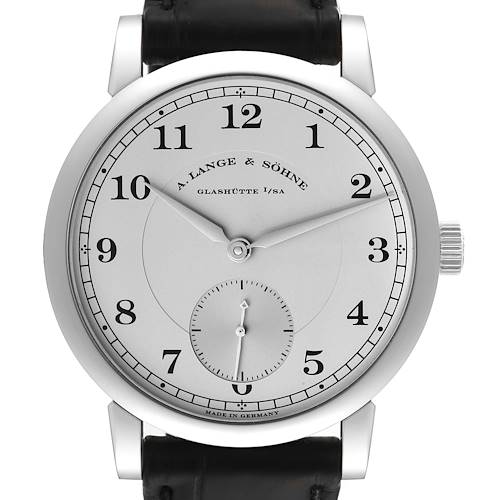 This image shows a front view of the A. Lange & Sohne 1815 model watch, featuring its face and leather strap.