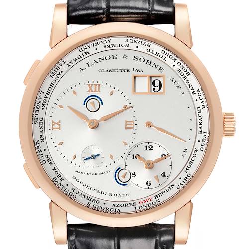 The image shows a front view of the A. Lange & Sohne Lange 1 116.032 Men's Rose Gold Silver Dial watch, highlighting its dial, hands, and strap.