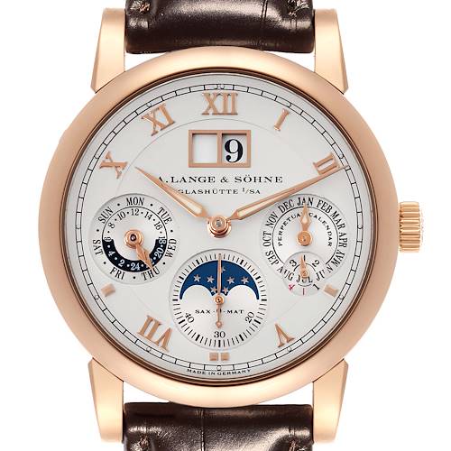The Richard Lange by A. Lange & Söhne is shown from the front, displaying the dial, subdials, and a leather strap.