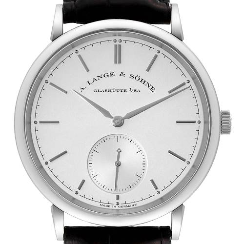 The image shows a frontal view of the A. Lange & Sohne Saxonia 380.026 Men's White Gold Silver Dial watch, highlighting its dial, hour markers, hands, and sub-dial.