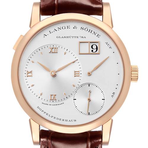 The image shows a frontal view of the A. Lange & Sohne Lange 1 191.032 Men's Rose Gold Silver Dial watch, highlighting its dial, hands, subdials, and date window.