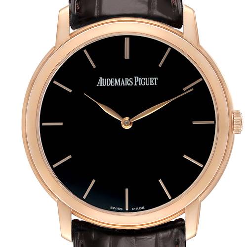 The image shows a front view of the Audemars Piguet Jules 15180R Men's Rose Gold Black Dial watch, highlighting the face, hands, and crown.