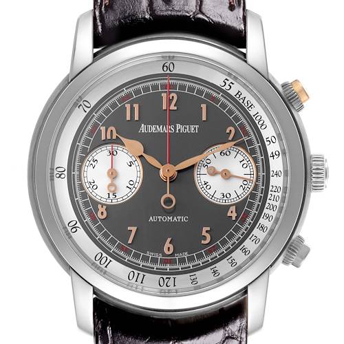 The image shows a front view of the Audemars Piguet Jules 26558TI.OO.D080VE.01 Men's Titanium Grey Dial 26558TI.OO.D080VE.01 Men's Titanium Grey Dial watch, highlighting the dial and subdials.