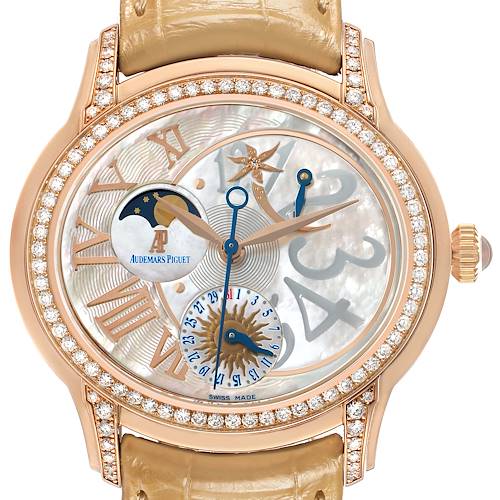 The Audemars Piguet Millenary 77315OR Women's Rose Gold Mother of Pearl Dial watch is shown from the front, highlighting its dial with Roman numerals, moon phase, and diamond bezel.