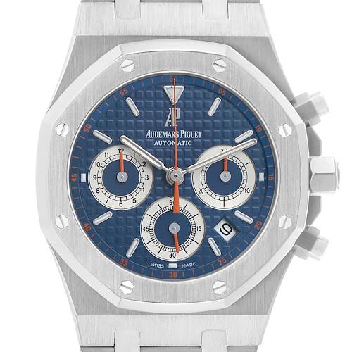 The Audemars Piguet Royal Oak 26300ST.OO.1110ST.07 Men's Stainless Steel Blue Dial model is shown from the front, displaying the dial, sub-dials, and partial bracelet.