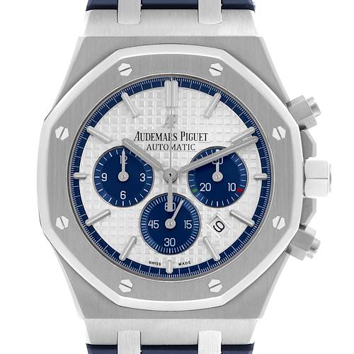 The image shows a front view of the Audemars Piguet Royal Oak 26326ST.OO.D027CA.01 Men's Stainless Steel White Dial 26326ST.OO.D027CA.01 Men's Stainless Steel White Dial watch, highlighting the dial, subdials, and bezel.