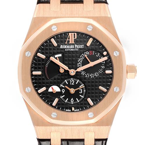 The Audemars Piguet Royal Oak 26120OR Men's Rose Gold Black Dial watch is shown from the front, highlighting its rose gold case, black dial, and subdials.