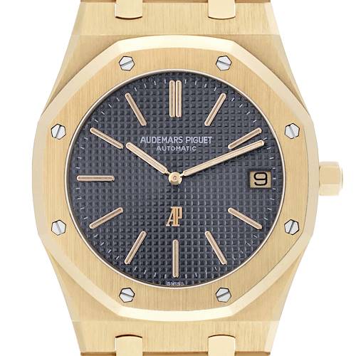 This image shows a close-up of the Audemars Piguet Royal Oak 5402BA-001 Men's Yellow Gold Grey Dial watch face, featuring the dial, bezel, crown, and bracelet top.