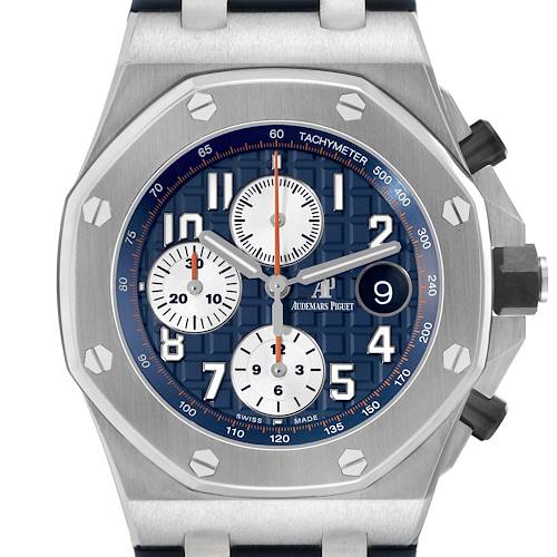 The image shows a frontal view of the Audemars Piguet Royal Oak Offshore 26470ST.OO.A027CA.01 Men's Stainless Steel Blue Dial, highlighting the dial, subdials, bezel, and crown.