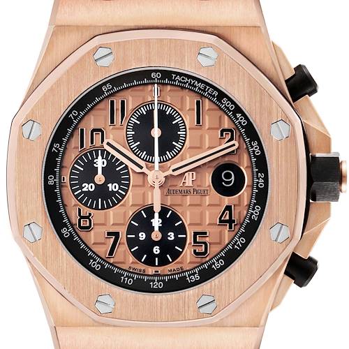 The Audemars Piguet Royal Oak Offshore 26470OR.OO.1000OR.01 Men's Rose Gold Pink Dial watch is shown from the front, highlighting the dial, subdials, hands, and date aperture.
