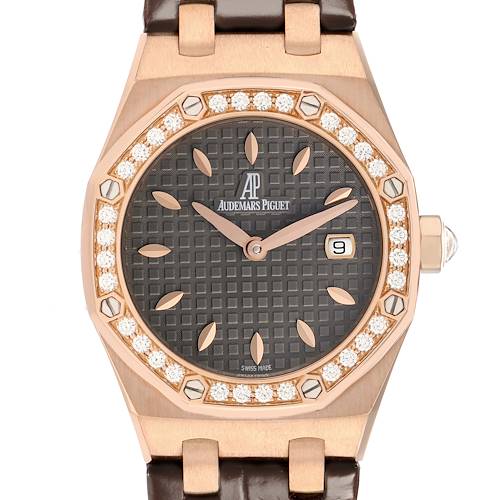 The image shows a front view of an Audemars Piguet Royal Oak 67621OR Women's Rose Gold Grey Dial watch, highlighting its octagonal bezel with diamonds, textured dial, and date window.