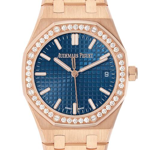 The Audemars Piguet Royal Oak 77451OR Women's Rose Gold Blue Dial watch is shown from the front, highlighting the blue dial, diamond bezel, hands, and crown.