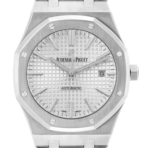 The Audemars Piguet Royal Oak 15400ST.OO.1220ST.02 Men's Stainless Steel Silver Dial watch is shown from the front, displaying its octagonal bezel, dial, and crown.