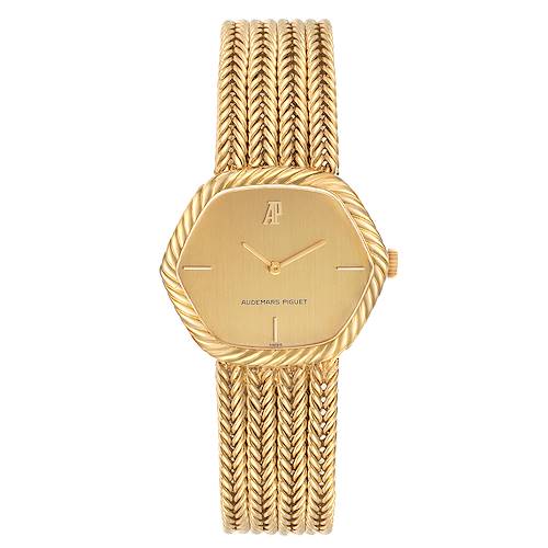 The image shows a front view of a Vintage Audemars Piguet watch highlighting its gold case, dial, and woven bracelet.