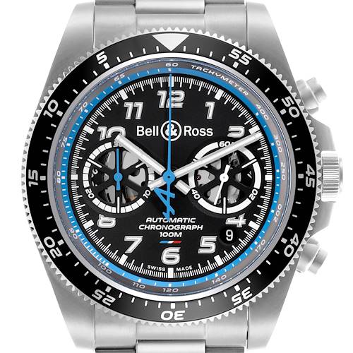 The Bell & Ross Instruments BRV3-94-A521 Men's Stainless Steel Black Dial BRV3-94-A521 Men's Stainless Steel Black Dial watch is shown from a front angle, displaying its dial, bezel, and bracelet prominently.