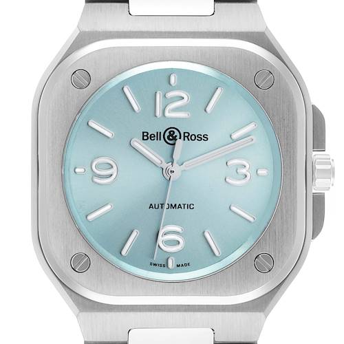 The image shows a frontal view of the Bell & Ross Urban BR05 Men's Stainless Steel Blue Dial model, highlighting the blue dial and stainless steel case.