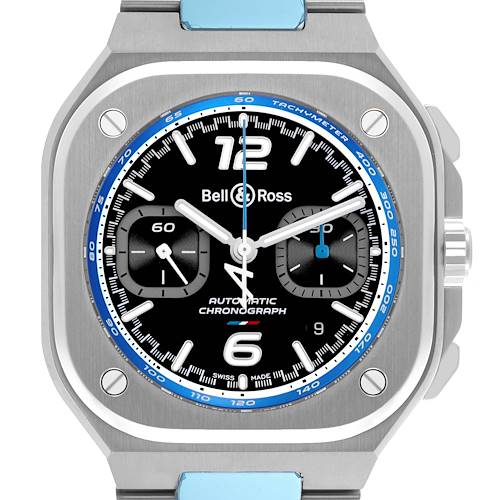 The image shows a front view of the Bell & Ross Urban BR05C-A523-ST Men's Stainless Steel Black Dial BR05C-A523-ST Men's Stainless Steel Black Dial model, highlighting its dial, bezel, and chronograph features.