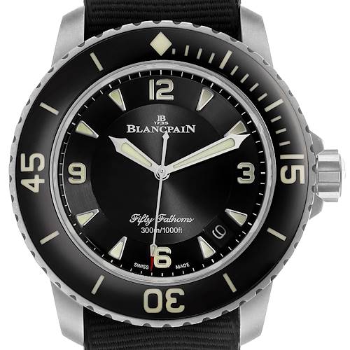The Blancpain Fifty Fathoms 5015-12B30 Men's Titanium Black Dial watch is shown from a front angle, displaying the bezel, dial, hands, and crown.