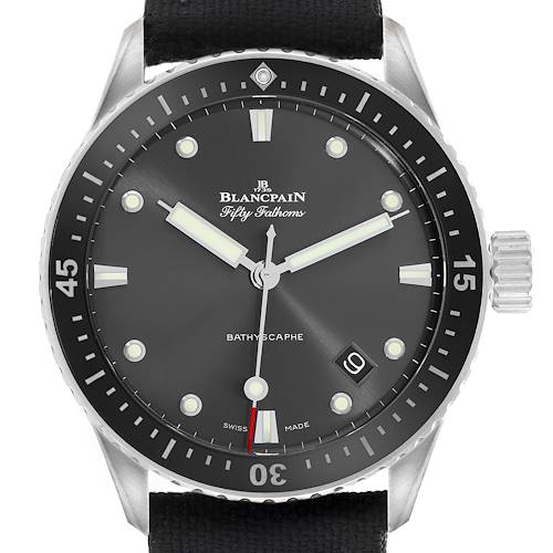The Blancpain Fifty Fathoms 5100B-1110-B52A Men's Stainless Steel Grey Dial watch is shown from a front angle, highlighting its dial, bezel, hands, and crown.