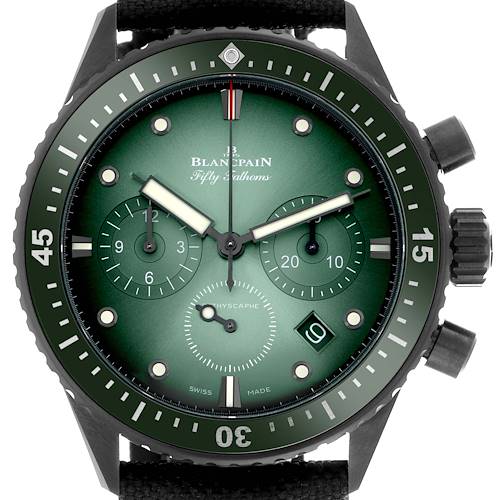 The Blancpain Fifty Fathoms 5200-0153-B52A Men's Ceramic Green Dial 5200-0153-B52A Men's Ceramic Green Dial watch is shown from the front, featuring its green dial, chronograph subdials, and bezel.