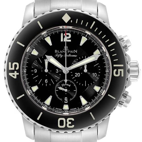 The Blancpain Fifty Fathoms 5085F-1130-71S Men's Stainless Steel Black Dial 5085F-1130-71S Men's Stainless Steel Black Dial watch is shown from a frontal angle, highlighting its dial, bezel, and side buttons.