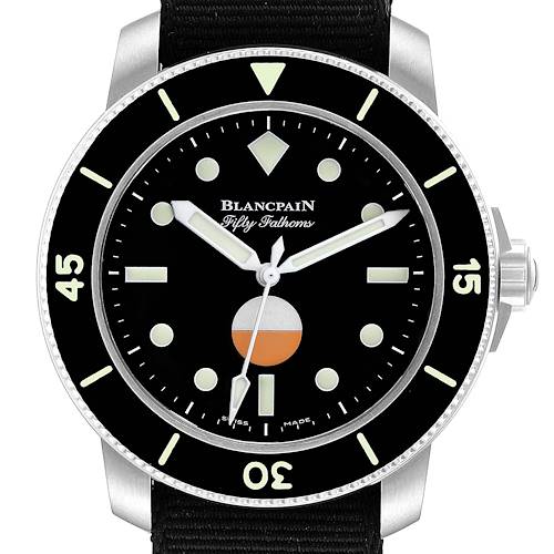 The Blancpain Fifty Fathoms 5008-11B30 Men's Stainless Steel Black Dial 5008-11B30 Men's Stainless Steel Black Dial watch is shown from a front angle, highlighting its dial, bezel, and crown.
