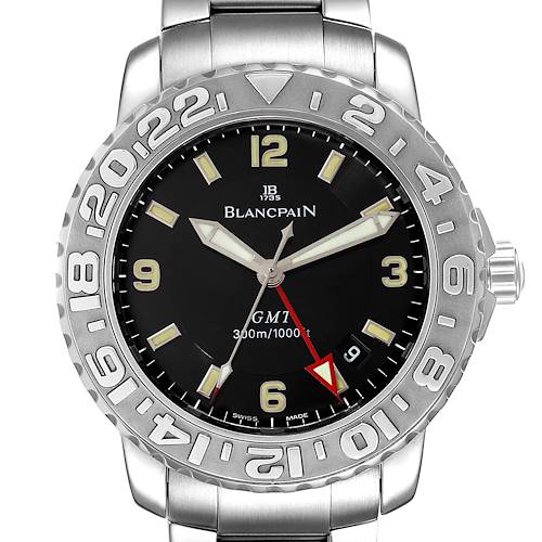 The image shows a frontal view of the Blancpain Fifty Fathoms 2250-1130-71 Men's Stainless Steel Black Dial 2250-1130-71 Men's Stainless Steel Black Dial watch, highlighting the face, bezel, hands, and part of the bracelet.
