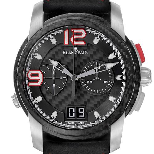 The Blancpain Fifty Fathoms 8886F-1503-52B Men's White Gold Black Dial 8886F-1503-52B Men's White Gold Black Dial watch is shown from the front, displaying the face, chronograph dials, and strap attachments.