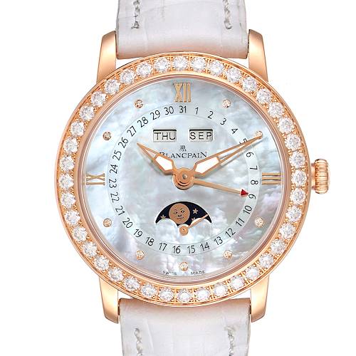 The image shows a front view of the Blancpain 3663-2954-55B Women's Rose Gold Mother of Pearl Dial 3663-2954-55B Women's Rose Gold Mother of Pearl Dial Quantieme Complet 18k Rose Gold Diamond Watch 3663-2954-55B, displaying its dial, hands, and bezel.