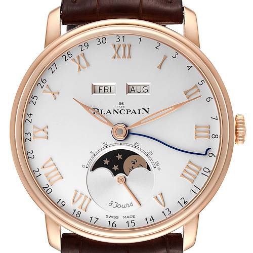 This image shows a frontal view of a Blancpain Villeret 6639-3642-55B Men's Rose Gold Silver Dial 6639-3642-55B Men's Rose Gold Silver Dial watch, highlighting its dial, hands, moon phase, and date indicators.