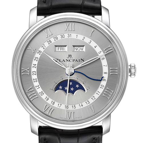 The image shows a front view of the Blancpain Villeret 6654-1127-55B Men's Stainless Steel Silver Dial 6654-1127-55B Men's Stainless Steel Silver Dial watch, highlighting its date, day, month, and moon phase complications.