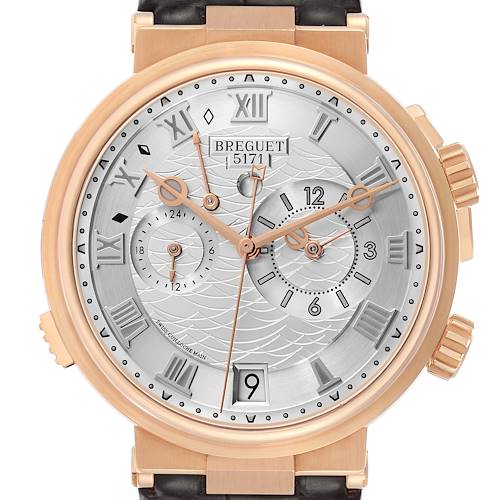 The Breguet Marine 5547 Men's Rose Gold Silver Dial watch is shown from a front view, displaying its dial, hands, and side pushers.