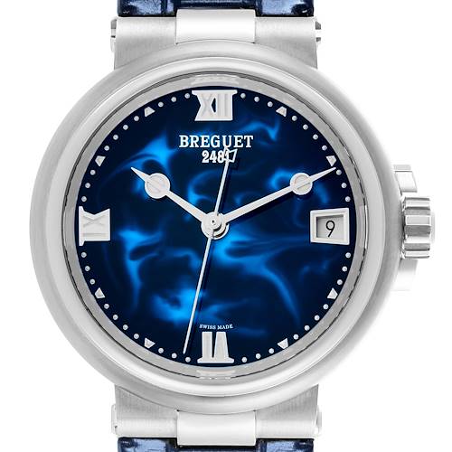 The Breguet 9517ST/E2/984 Women's Stainless Steel Blue Dial 9517ST/E2/984 Women's Stainless Steel Blue Dial Marine watch is shown from a front angle, displaying the dial, hands, crown, and a date window.