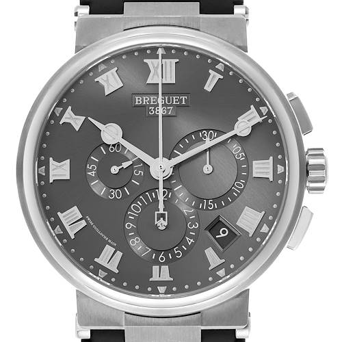 The Breguet Marine 5527TI/G2/9WV Men's Titanium Grey Dial 5527TI/G2/9WV Men's Titanium Grey Dial watch is shown from a frontal angle, highlighting its dial, chronograph subdials, date window, and crown.