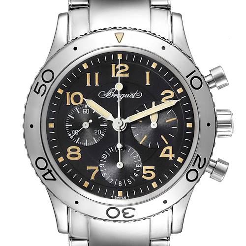 This image shows a frontal view of the Breguet Type XX - XXI - XXII 3800ST/92/9W6 Men's Stainless Steel Black Dial 3800ST/92/9W6 Men's Stainless Steel Black Dial watch, displaying the dial, bezel, and part of the bracelet.