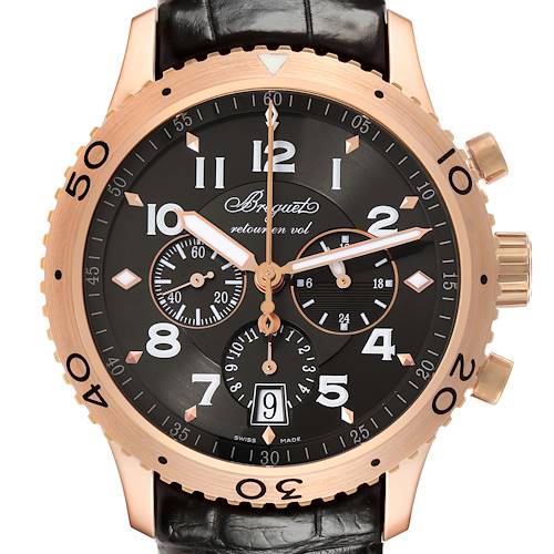 The Breguet Type XX - XXI - XXII 3810BR/92/9ZU Men's Rose Gold Grey Dial watch is shown from a front angle, displaying its black dial, gold case, and chronograph features.