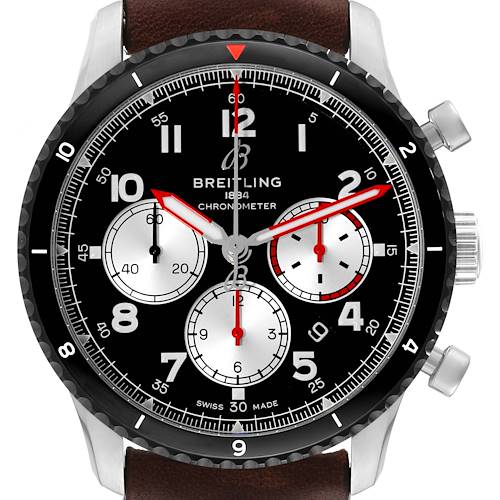The image shows a front view of the Breitling Aviator AB0119 Men's Stainless Steel Black Dial AB0119 Men's Stainless Steel Black Dial chronometer watch, highlighting its black dial, chronograph subdials, and red hands.
