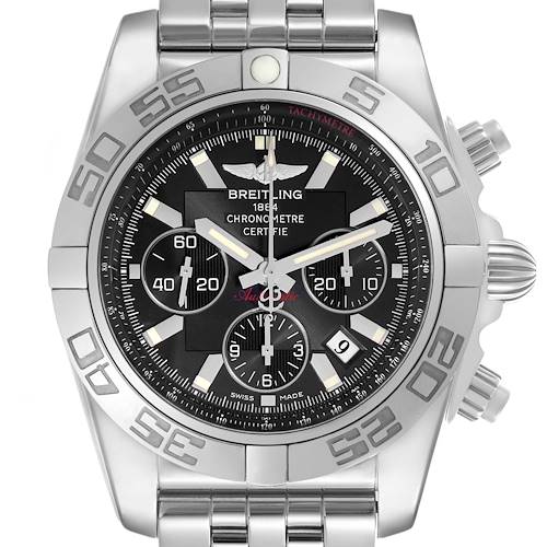 The image shows a front view of the Breitling Chronomat AB0110 Men's Stainless Steel Black Dial watch, featuring the dial, bezel, and stainless steel bracelet.