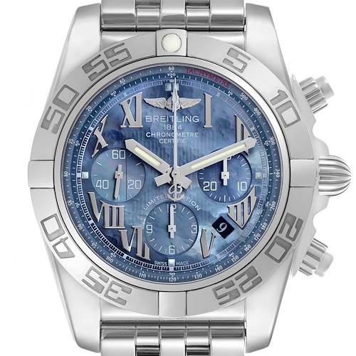 The Breitling Chronomat AB0110 Men's Stainless Steel Mother of Pearl Dial watch is shown from the front, highlighting its blue dial, bezel, and bracelet.