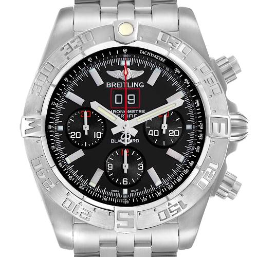 The Breitling Chronomat A44360 Men's Stainless Steel Black Dial watch is shown from a front angle, displaying its dial, bezel, and pushers.