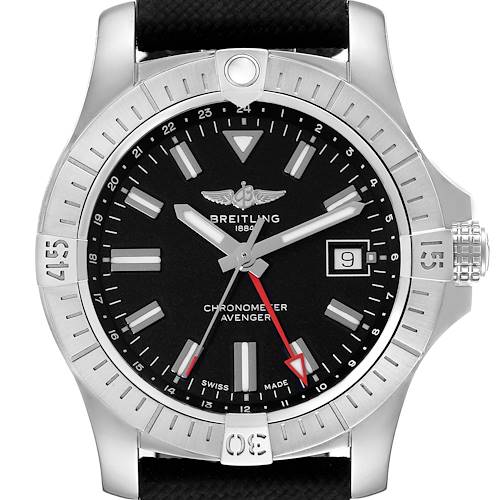 The Breitling Chronomat A32397 Men's Stainless Steel Black Dial A32397 Men's Stainless Steel Black Dial watch is shown from a front angle, highlighting its dial, bezel, and crown.