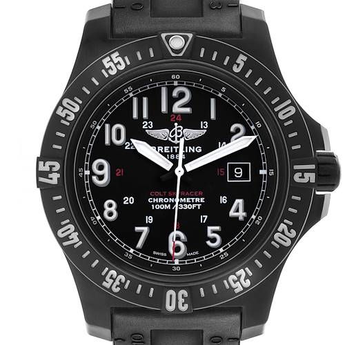 The Breitling Colt X74320E4/BF87 Men's Titanium Black Dial watch is shown from a front angle, displaying the face, bezel, and part of the strap.