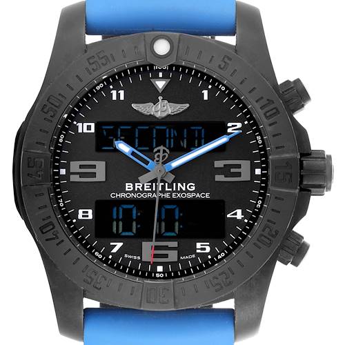 The Breitling Professional Series VB5510 Men's Titanium Black Dial VB5510 Men's Titanium Black Dial watch is shown from the front, displaying its face, bezel, digital display, and blue strap.