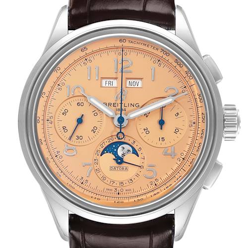 The Breitling Premier AB2510 Men's Stainless Steel Pink Dial model is shown from a front angle, highlighting the dial, subdials, calendar windows, and moon phase display.