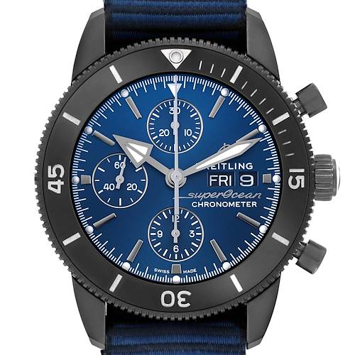 The image shows a front view of the Breitling Superocean M13313 Men's Stainless Steel Blue Dial watch, highlighting its blue dial, three subdials, and black bezel.