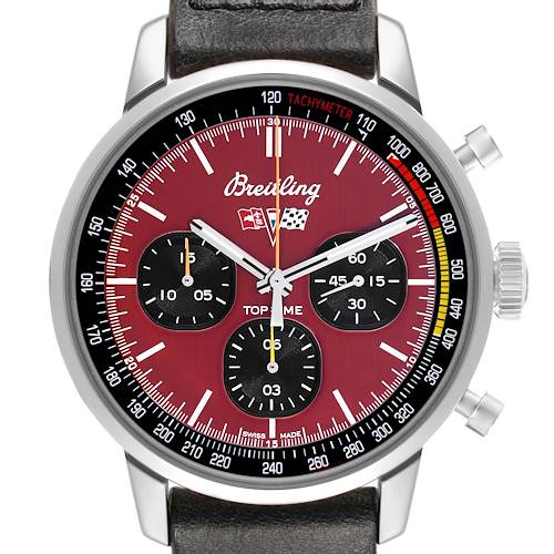 The Breitling Premier A25310 Men's Stainless Steel Red Dial watch is shown from the front, featuring its face, chronograph subdials, tachymeter, and pushers.